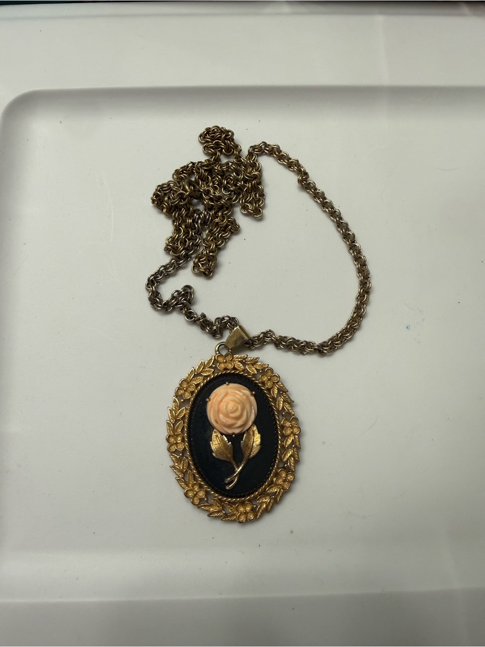 Vintage Mid Century Victorian Revival Lucite Rose
Mirror Pendant Necklace 24"